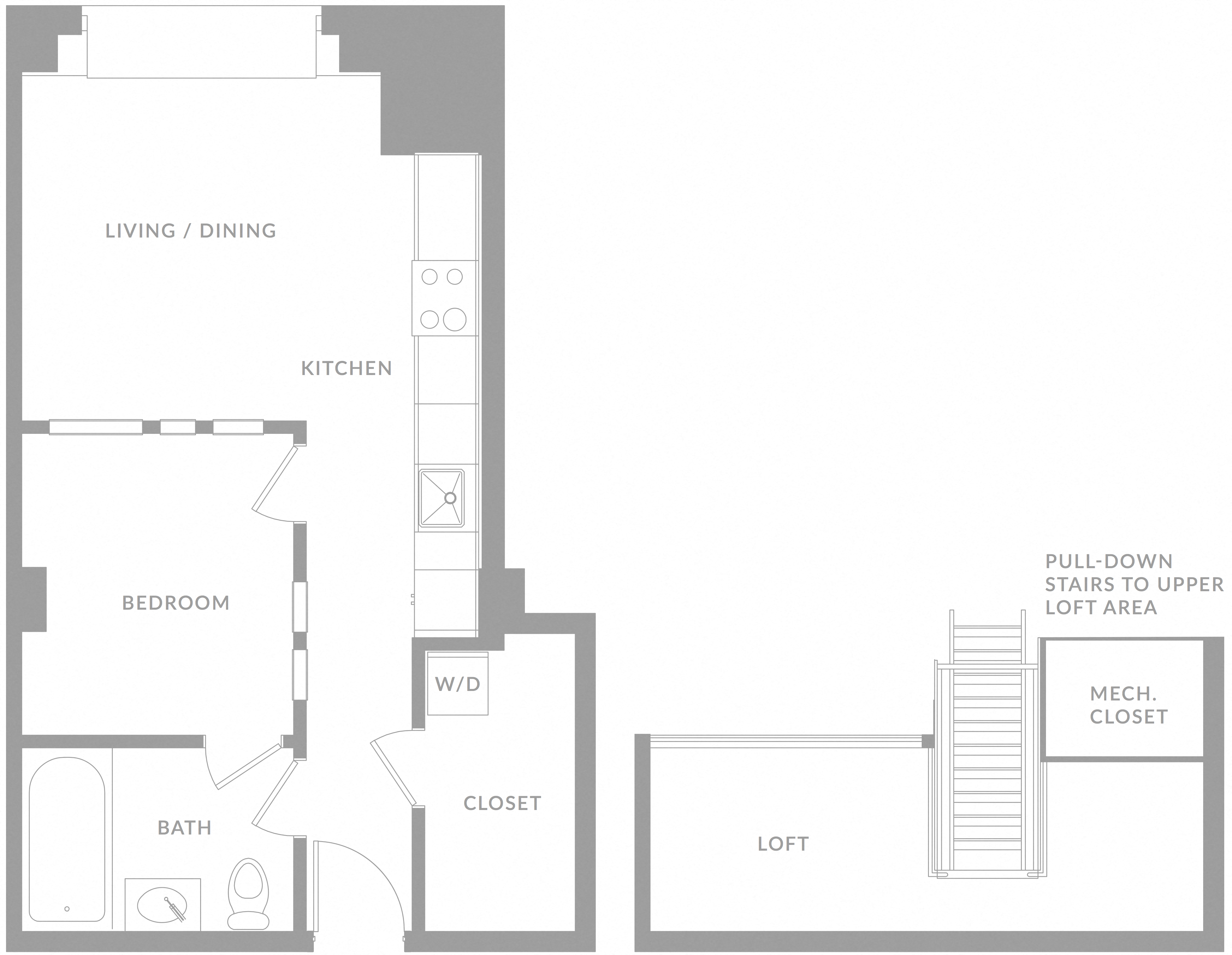 Floor plan for 1 bed, 1 bath, 750 sqft